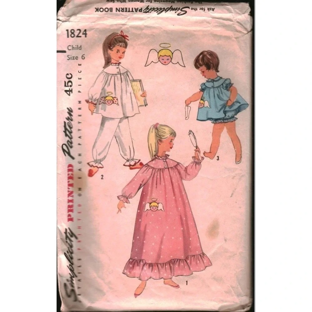 Vintage Simplicity 1824 Child Pajama Nightgown Panties Sewing Pattern Sz 6 Angel